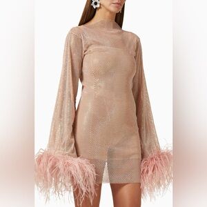 Santa Brands blush pink feathers crystal mini dress